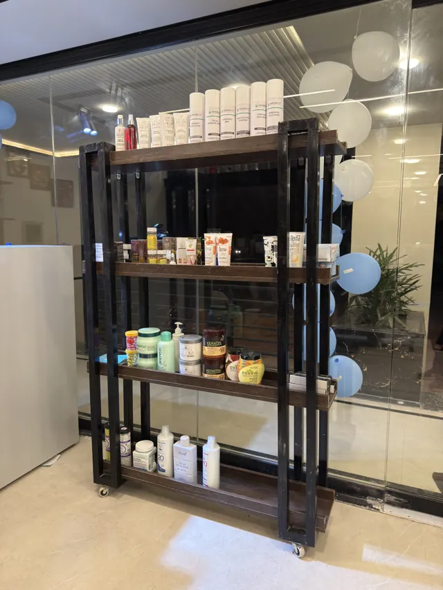 A shelf of grooming products